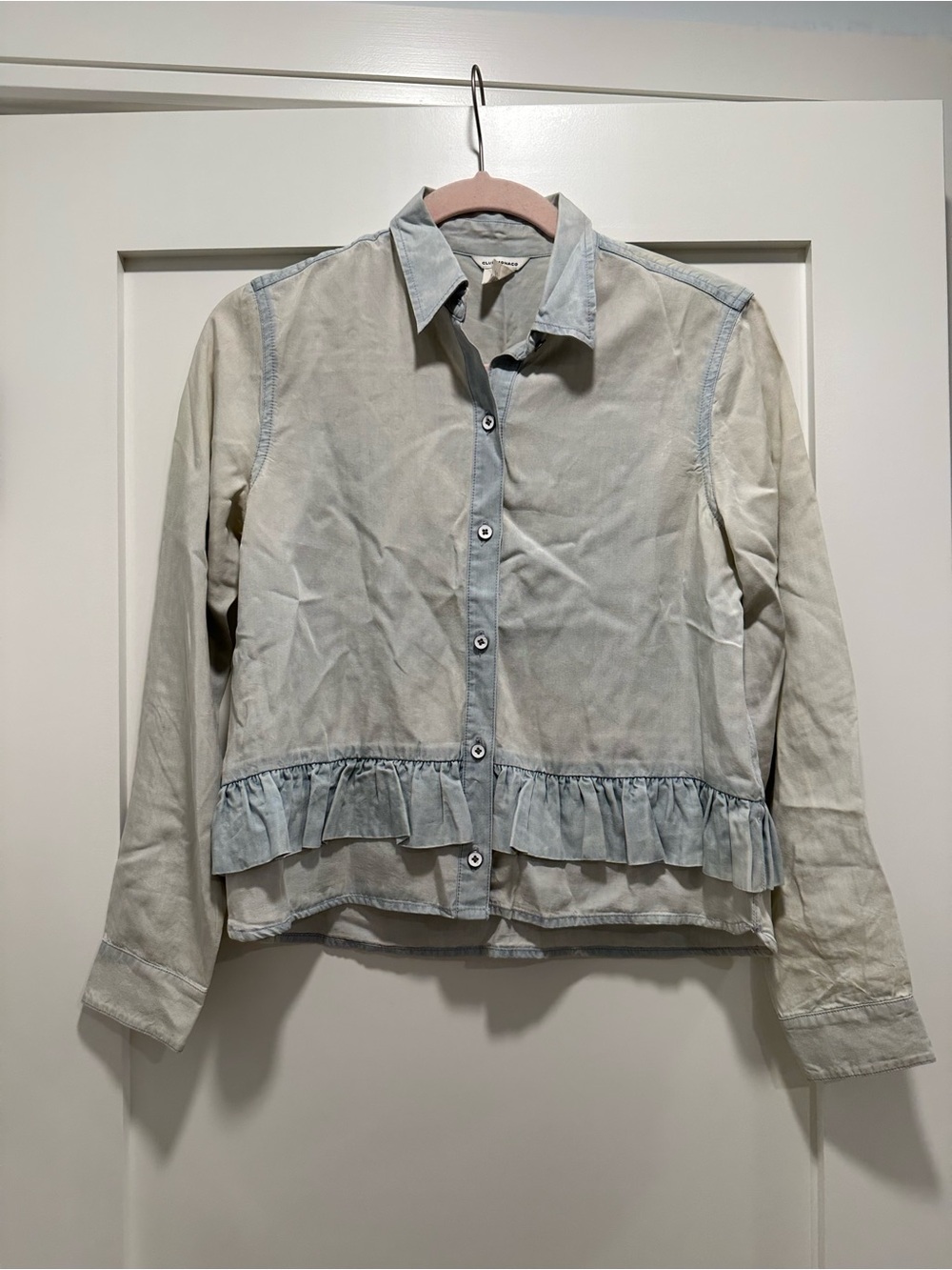 Club Monaco Light Blue Ruffle-Hem Denim Shirt Jacket